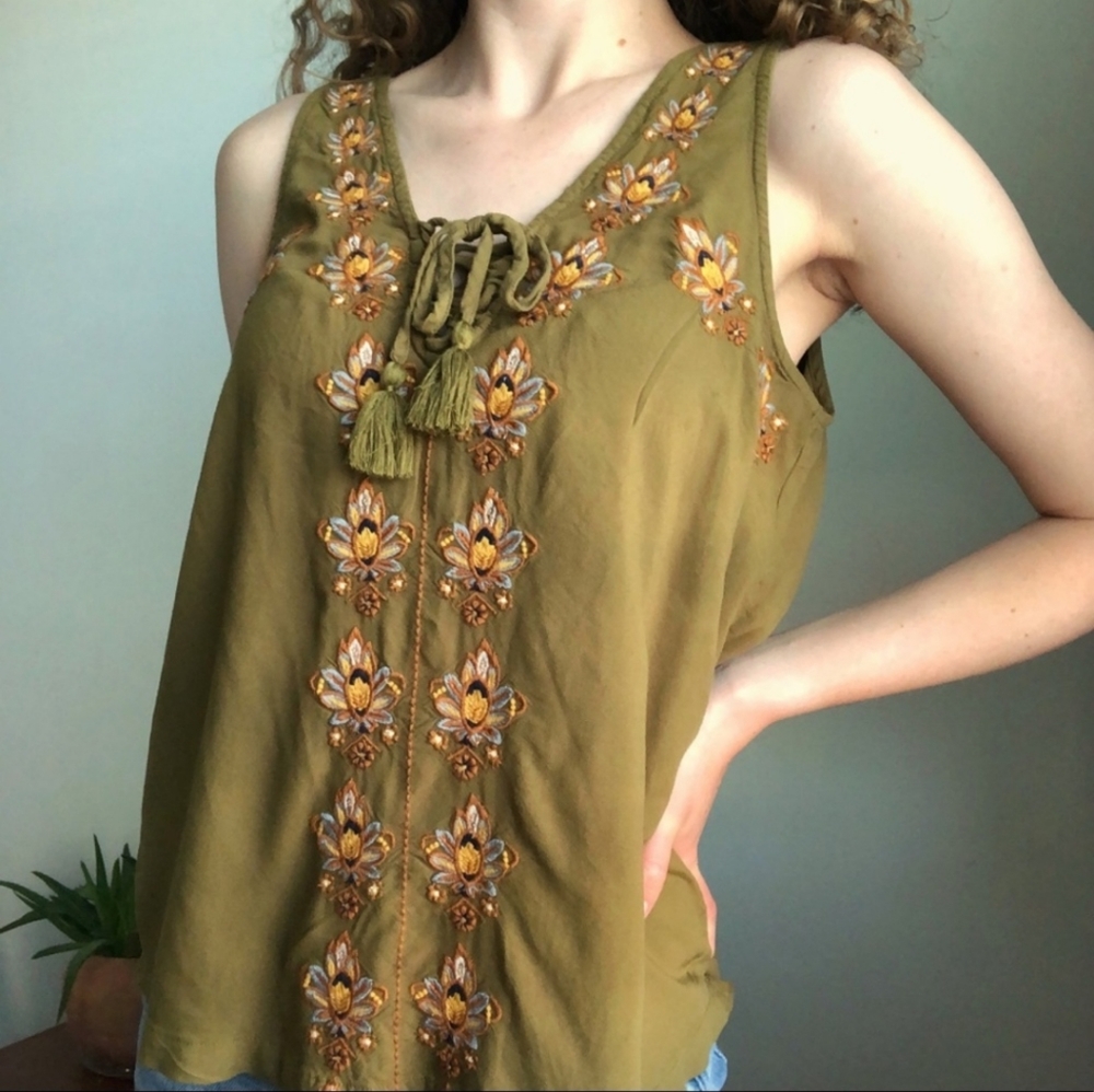 Idyllwind by Miranda Lambert Olive Green Embroidered Boho Tank Top Size X-Small